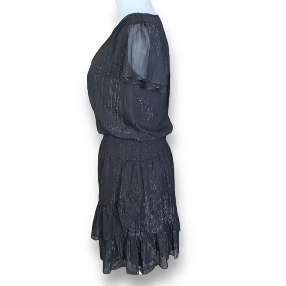 Michael Kors Dress‎ Faux Wrap Black Metallic Shimmer Asymmetrical Ruffle Sheer